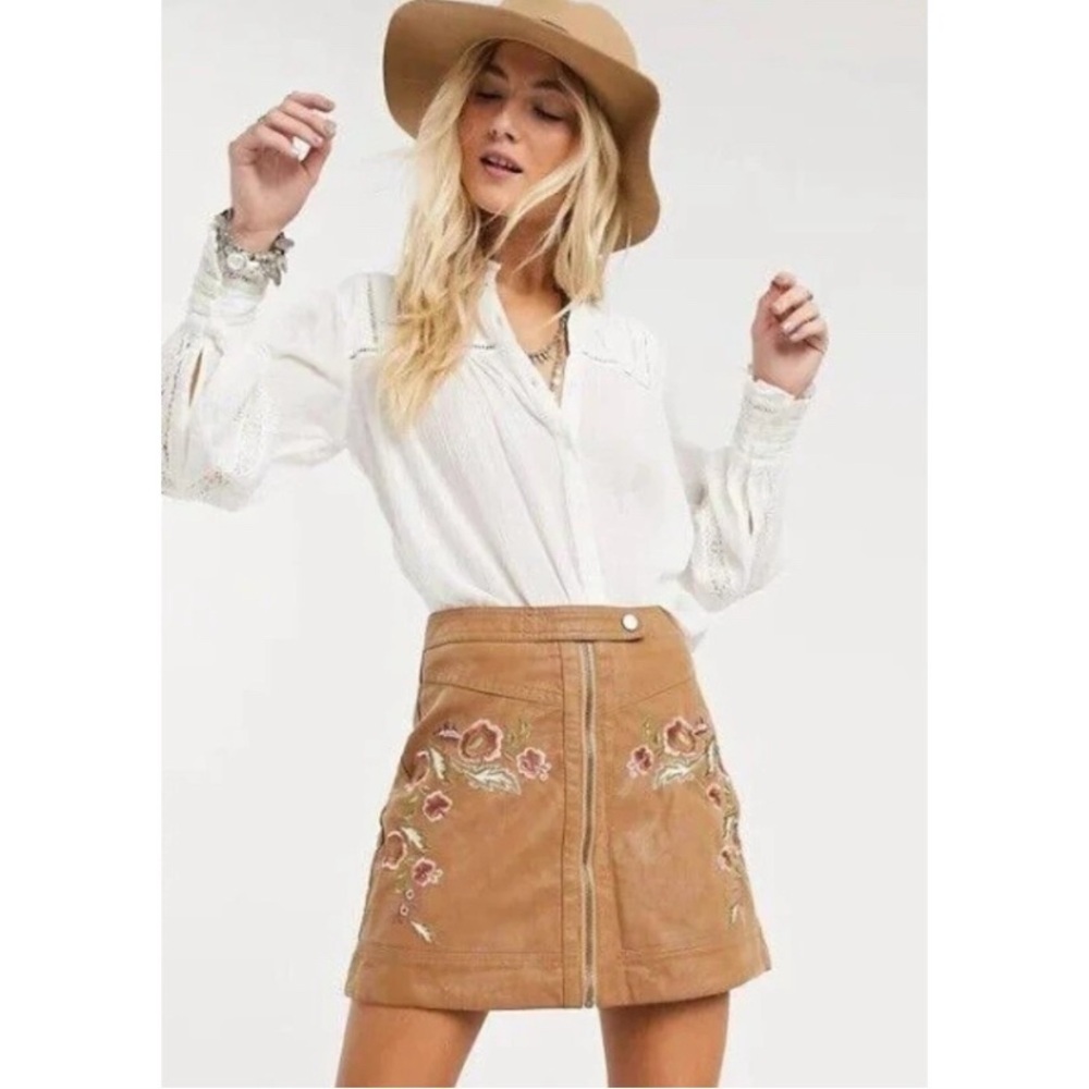 Free People Alanis Embroidered Floral Moto Mini Pencil Skirt Zip Brown Size 0